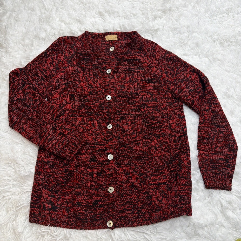 Vintage 1950's Women's Wool Thick Knit Cardigan Sweater Saks Fifth Ave Red Black